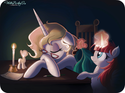 Size: 3377x2505 | Tagged: safe, artist:walliscolours, oc, oc:bonniecorn, oc:fausticorn, alicorn, pony, g4, my pretty pony, alicorn oc, candle, female, filly, glasses, horn, magic, mare, night, paper, ponified, sleeping, wings