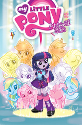 Size: 988x1500 | Tagged: safe, artist:amy mebberson, idw, applejack, fluttershy, pinkie pie, rainbow dash, rarity, twilight sparkle, human, equestria girls, g4, spoiler:comicannual2013, comic cover, cover, human ponidox, mane six, self ponidox