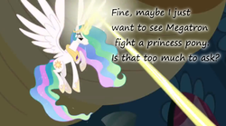 Size: 1016x566 | Tagged: safe, edit, edited screencap, screencap, princess celestia, a canterlot wedding, g4, angry, female, insane pony thread, megatron, solo, transformers, tumblr