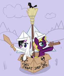 Size: 750x890 | Tagged: safe, artist:arrkhal, oc, oc only, pegasus, pony, unicorn, cardboard box, female, filly, mare, pirate, ship, toy