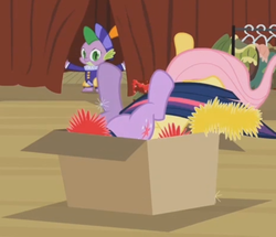 Size: 694x598 | Tagged: safe, screencap, fluttershy, spike, twilight sparkle, dragon, pony, g4, hearth's warming eve (episode), season 2, box, hearth's warming eve, male, out of context