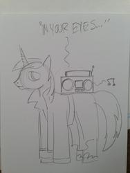 Size: 1024x1365 | Tagged: safe, artist:andy price, shining armor, pony, unicorn, g4, boombox, boombox serenade, clothes, in your eyes, male, movie reference, peter gabriel, say anything, serenade, solo, song reference, stallion, traditional art, trenchcoat, unshorn fetlocks