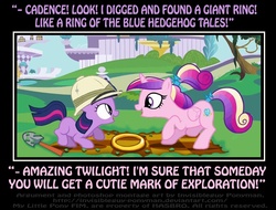 Size: 815x620 | Tagged: safe, artist:ponymaan, princess cadance, twilight sparkle, pony, unicorn, g4, archaeology, comic, crossover, cute, duo, filly, filly twilight sparkle, hat, photoshop, pith helmet, ring, shovel, sonic the hedgehog (series), text, twiabetes, unicorn twilight, younger