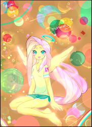Size: 1024x1418 | Tagged: safe, artist:mujinai, fluttershy, anthro, g4, ambiguous facial structure, clothes, female, halo, shorts, solo