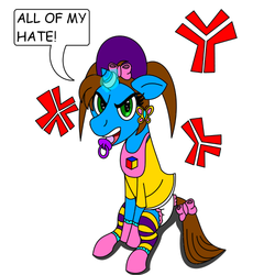 Size: 500x500 | Tagged: safe, artist:neoryan2, oc, oc only, oc:mindset, pony, unicorn, ask mindset and tinker, comic sans, diaper, horn, horn ring, magic suppression, non-baby in diaper, pacifier, solo, tumblr