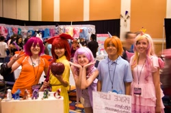 Size: 1200x798 | Tagged: artist needed, source needed, safe, apple bloom, princess cadance, scootaloo, snips, sweetie belle, human, g4, artist alley, convention, cosplay, cutie mark crusaders, irl, irl human, photo