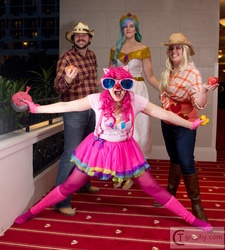 Size: 721x800 | Tagged: safe, artist:nightengale37, applejack, big macintosh, pinkie pie, princess celestia, human, g4, clown nose, convention, cosplay, irl, irl human, katsucon, leg warmers, photo, red nose, sunglasses