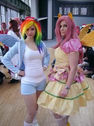 Size: 500x667 | Tagged: source needed, safe, artist:aoime, artist:enjinight, fluttershy, rainbow dash, human, g4, convention, cosplay, ears, irl, irl human, photo, wings