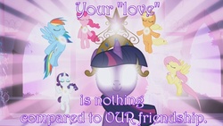 Size: 1280x720 | Tagged: safe, edit, edited screencap, screencap, applejack, fluttershy, pinkie pie, rainbow dash, rarity, twilight sparkle, friendship is magic, g4, elements of harmony, friendship, love, text, the elements in action
