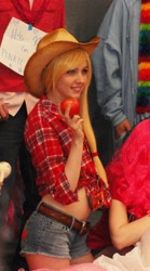 Size: 1000x1796 | Tagged: safe, applejack, human, g4, apple, cosplay, irl, irl human, obligatory apple, photo