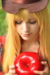 Size: 534x800 | Tagged: safe, applejack, human, g4, apple, cosplay, irl, irl human, obligatory apple, photo, solo