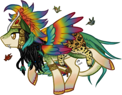 Size: 480x372 | Tagged: safe, artist:kiaralime, oc, oc only, pegasus, pony, quetzalcoatl, aztec, fangs, ponified, raised hoof, raised leg, smiling, solo