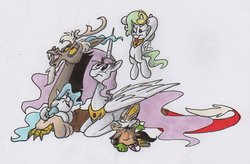 Size: 900x592 | Tagged: dead source, safe, artist:frankilew, discord, princess celestia, hybrid, g4, female, interspecies offspring, male, offspring, parent:discord, parent:princess celestia, parents:dislestia, ship:dislestia, shipping, simple background, straight, traditional art, white background