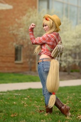 Size: 530x800 | Tagged: safe, artist:bjonsie13, applejack, human, g4, clothes, cosplay, irl, irl human, jeans, ohayocon, photo, solo, tail