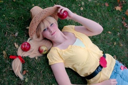 Size: 1600x1063 | Tagged: safe, artist:mickeydoo13, applejack, human, g4, cosplay, grass, irl, irl human, on back, photo, solo