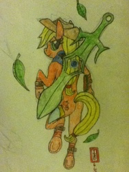 Size: 720x960 | Tagged: safe, artist:lupinegamer, applejack, earth pony, pony, g4, butt, crossover, female, leaves, looking back, okami, plot, solo, sword, traditional art, weapon