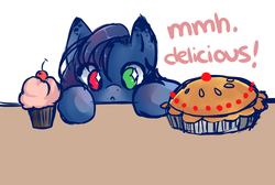 Size: 1280x860 | Tagged: safe, artist:ask-aki-pony, oc, oc only, pegasus, pony, aki, food, heterochromia, muffin, pie, solo