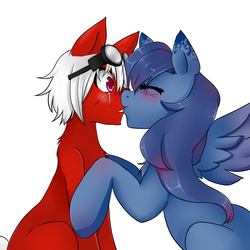 Size: 1280x1282 | Tagged: safe, artist:ask-aki-pony, oc, oc only, aki, blushing, goggles, kissing