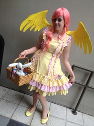 Size: 1280x1707 | Tagged: safe, artist:ayeavast, angel bunny, fluttershy, human, g4, basket, cosplay, irl, irl human, photo, plushie, solo