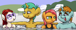 Size: 1025x405 | Tagged: safe, artist:ragingsemi, babs seed, snails, snips, twist, earth pony, unicorn, anthro, g4, bedroom eyes, bikini, bips, clothes, cropped, female, glasses, male, one-piece swimsuit, open mouth, ship:snailstwist, shipping, smiling, straight, swimming pool, swimsuit, water, wet