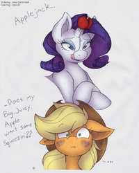 Size: 956x1195 | Tagged: safe, artist:jobo37, artist:joey darkmeat, applejack, rarity, pony, g4, apple, blushing, colored, duo, female, lesbian, ship:rarijack, shipping