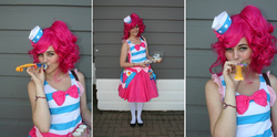 Size: 1448x720 | Tagged: safe, artist:sharktobear, pinkie pie, human, g4, clothes, conbravo, cosplay, dress, gala dress, irl, irl human, photo, solo