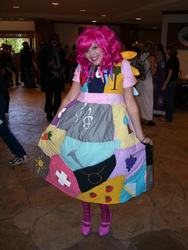 Size: 540x720 | Tagged: safe, artist:gracescosplay, pinkie pie, human, fanfic:cupcakes, g4, convention, cosplay, cutie mark dress, horn, horn necklace, irl, irl human, ndk, necklace, photo, pinkamena diane pie