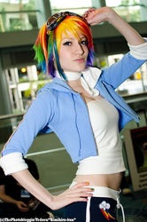 Size: 424x640 | Tagged: safe, artist:donknnj, rainbow dash, human, g4, belly button, cosplay, hand on hip, irl, irl human, midriff, photo, solo