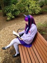 Size: 720x960 | Tagged: safe, artist:mintyblitzz, twilight sparkle, human, g4, bench, cosplay, female, irl, irl human, photo, solo