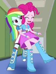 Size: 736x980 | Tagged: safe, artist:asdf314159265, pinkie pie, rainbow dash, equestria girls, g4, boots, boots on, bracelet, clothes, crying, female, jewelry, laughing, lesbian, new source, ship:pinkiedash, shipping, shirt, shoes, shoes on, skirt, socks, t-shirt, tears of laughter, teenager, tickling, wristband