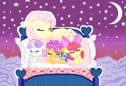 Size: 641x441 | Tagged: safe, artist:eeveegirl13, apple bloom, fluttershy, rainbow dash, scootaloo, sweetie belle, earth pony, pony, g4, cutie mark crusaders, doll, sleeping