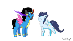 Size: 1920x1080 | Tagged: safe, artist:verminshy, king sombra, soarin', g4, fake wings, glitter, wonderbolts uniform