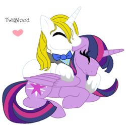 Size: 681x673 | Tagged: safe, artist:chopstickgirl241, prince blueblood, twilight sparkle, alicorn, pony, g4, ear bite, female, heart, male, mare, ship:twiblood, shipping, simple background, straight, twilight sparkle (alicorn), white background