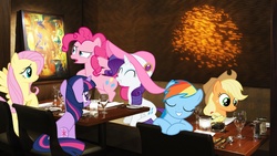 Size: 1920x1080 | Tagged: safe, artist:mr-kennedy92, applejack, fluttershy, pinkie pie, rainbow dash, rarity, twilight sparkle, g4, glasses, hat, mane six, painting, ponies in real life, restaurant, table, vector