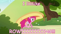 Size: 1280x720 | Tagged: safe, pinkie pie, g4, boat, comic sans, female, naruto the abridged series, quote, solo, text, the rower