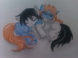 Size: 2592x1952 | Tagged: safe, artist:dragon0693, oc, oc only, oc:fourcannon, earth pony, pegasus, pony, cuddling, earth pony oc, female, fourcannon, glasses, lesbian, lying down, lying on top of someone, pegasus oc, sleeping, snuggling, traditional art, wings