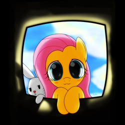 Size: 1300x1300 | Tagged: safe, artist:hoyeechun, angel bunny, fluttershy, g4, :3, blushing, cute, fourth wall, looking at you, pixiv, shyabetes, smiling
