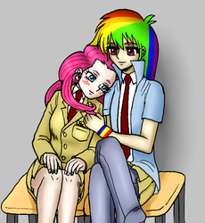 Size: 682x740 | Tagged: safe, artist:asdf314159265, pinkie pie, rainbow dash, human, g4, duo, female, humanized, lesbian, ship:pinkiedash, shipping