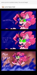 Size: 850x1700 | Tagged: safe, artist:ichibangravity, king sombra, pinkie pie, ask king sombra pie, g4, ask, evil laugh, possessed, possession, sombra pie, tumblr