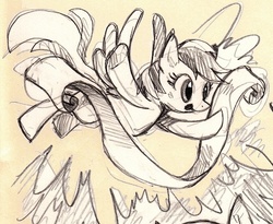 Size: 500x409 | Tagged: safe, artist:mi-eau, rainbow dash, pegasus, pony, g4, banner, female, flying, mare, monochrome, open mouth, solo, spread wings, traditional art, wings