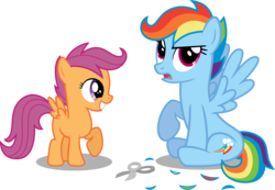 Size: 5992x4154 | Tagged: dead source, safe, artist:austiniousi, artist:fallingcomets, rainbow dash, scootaloo, pegasus, pony, g4, absurd resolution, alternate hairstyle, blank flank, female, filly, foal, grin, gritted teeth, haircut, mane swap, mare, raised hoof, scissors, simple background, sitting, smiling, spread wings, teeth, transparent background, vector, wings