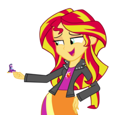 Size: 1500x1394 | Tagged: safe, sunset shimmer, twilight sparkle, equestria girls, g4, clothes, exploitable meme, giantess, implied vore, macro, micro, skirt