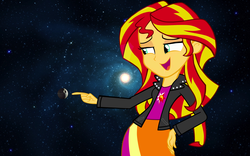 Size: 1920x1200 | Tagged: safe, sunset shimmer, equestria girls, g4, clothes, death star, female, goddess, leather jacket, macro, skirt, solo, space, star wars