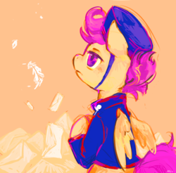 Size: 512x503 | Tagged: safe, artist:mi-eau, scootaloo, pegasus, pony, g4, clothes, feather, female, filly, foal, hat, letter, solo, uniform, working