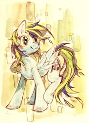 Size: 462x641 | Tagged: safe, artist:mi-eau, oc, oc only, pegasus, pony, abstract background, blushing, female, mare, raised leg, smiling, solo, traditional art