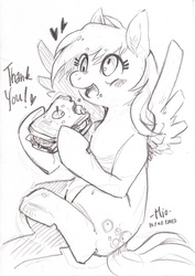 Size: 493x698 | Tagged: safe, artist:mi-eau, derpy hooves, pegasus, pony, g4, eating, female, mare, monochrome, sandwich, solo, traditional art