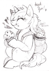 Size: 1280x1836 | Tagged: safe, artist:mi-eau, dinky hooves, g4, eating, female, monochrome, muffin, solo, traditional art