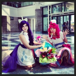 Size: 612x612 | Tagged: source needed, safe, artist:rmtakesover, artist:unkcos8, pinkie pie, rarity, human, g4, anime expo, convention, cosplay, craft, irl, irl human, partillery, party cannon, photo