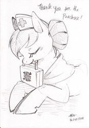 Size: 811x1168 | Tagged: safe, artist:mi-eau, nurse redheart, earth pony, pony, g4, eyes closed, female, first aid, grayscale, mare, monochrome, mouth hold, simple background, solo, traditional art, white background