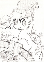 Size: 816x1163 | Tagged: safe, artist:mi-eau, derpy hooves, pegasus, pony, g4, female, mare, monochrome, nightmare night, paper bag wizard, solo, traditional art
